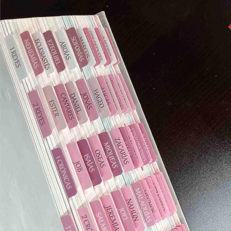 thinkor Spanish Laminated Bible Tabs, pestañas para biblia en español, Reposition Large Print Stickers, Easy to Read and Apply Bible Tabs for Women and Man (Spanish Pink) - Image 3